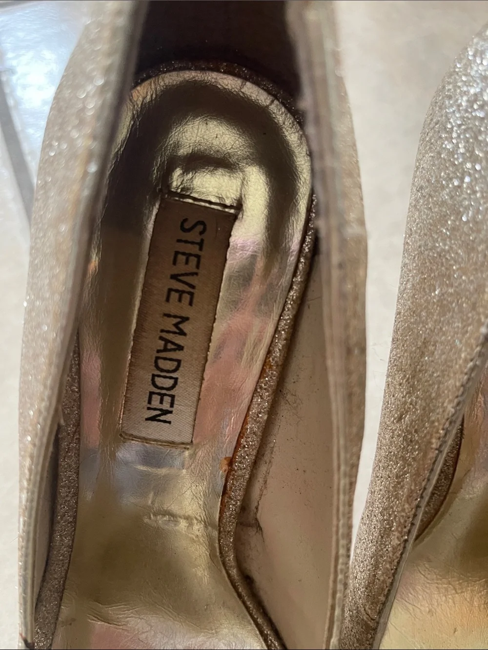 Steve Madden Glitter Peep-Toe Stiletto Heels in Gold